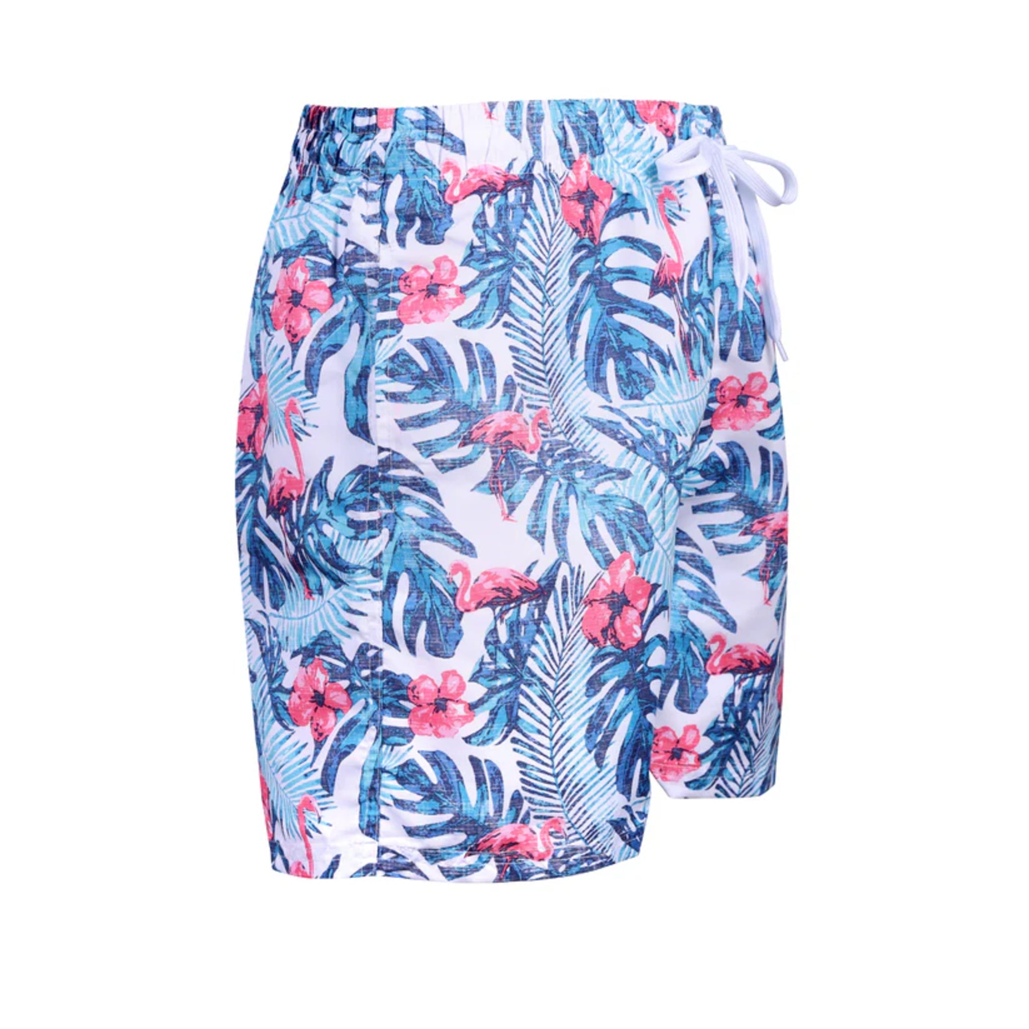Men's white tropical swim shorts – blue leaf print with pink flamingos and flowers